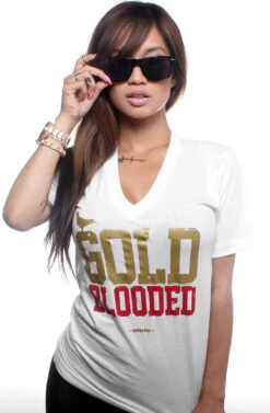 Gold Blooded (Women's White/Red V-Neck)(Gold Blooded Womens White Gold V Neck)