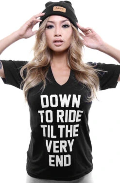 LAST CALL - Breezy Excursion X Adapt :: Down To Ride (Bonnie) (Women's Black V-Neck)(Breezy Excursion X Adapt Down To Ride Bonnie Womens Black V Neck)
