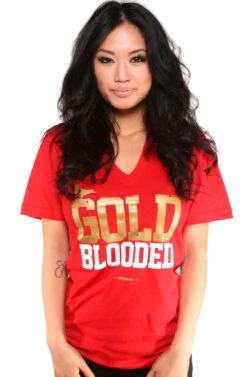 Gold Blooded (Women's Red V-Neck)(Gold Blooded Womens Red Gold V Neck)