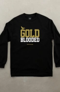 Gold Blooded (Men's Black/White/Gold Long-Sleeve Tee)(Gold Blooded Mens Black White Gold Long Sleeve Tee)