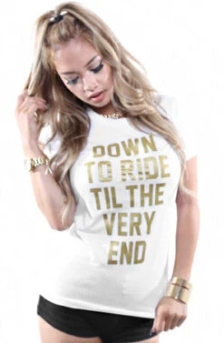 LAST CALL - Breezy Excursion X Adapt :: Down To Ride GOLD Edition (Bonnie) (Women's White Tee)(Breezy Excursion X Adapt Down To Ride Gold Edition Bonnie Womens White Tee)