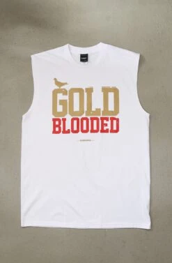 Gold Blooded (Men's White/Red Sleeveless Tee)(Gold Blooded Mens White Red Sleeveless Tee)